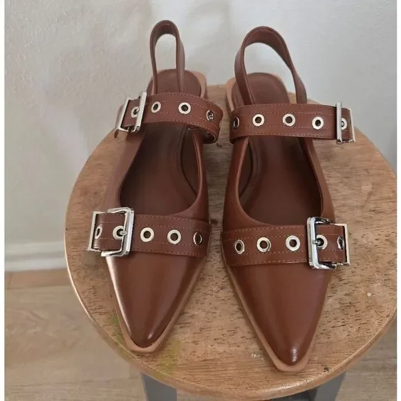 Quince Italian Leather Bold Buckle Slingback Flat Size 8 - Picture 11 of 12